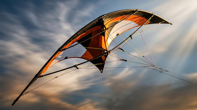 Stunt kite flying against a dramatic sunset sky
