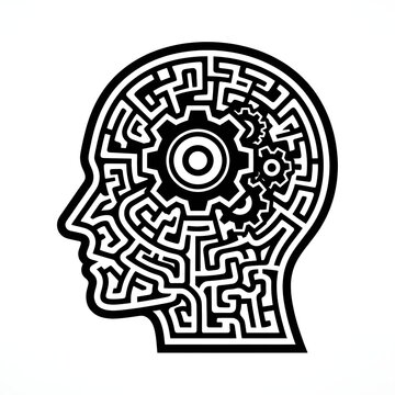 icon of a human profile featuring an intricate maze with an oversized gear jammed at its center, symbolizing a complex maze, overthinking, and cognitive deadlock.
