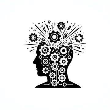 icon of a human head profile with a symmetrical gear network violently exploding and scattering into chaotic directions, symbolizing a mental explosion, cognitive breakdown, and sensory overload.
