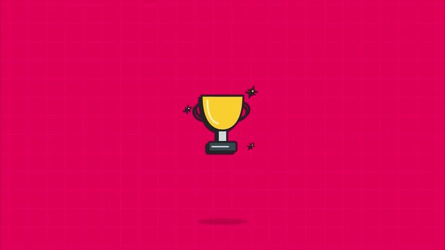 Jumping golden trophies award icons flat cartoon 2d illustration bright pink grid background animation loop graphic presentation social media content