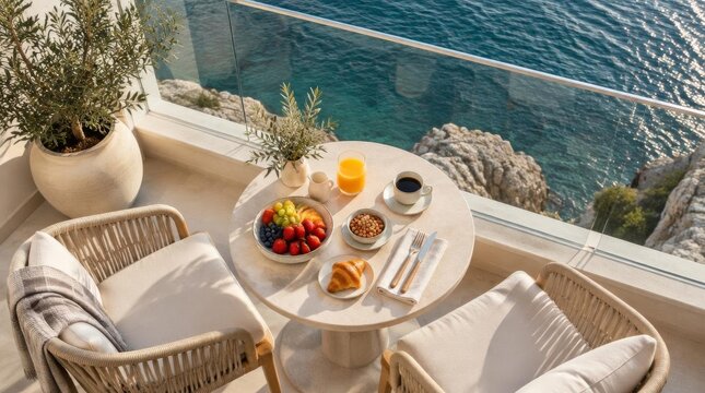 Luxury balcony breakfast overlooking sea view with fresh fruits and coffee
