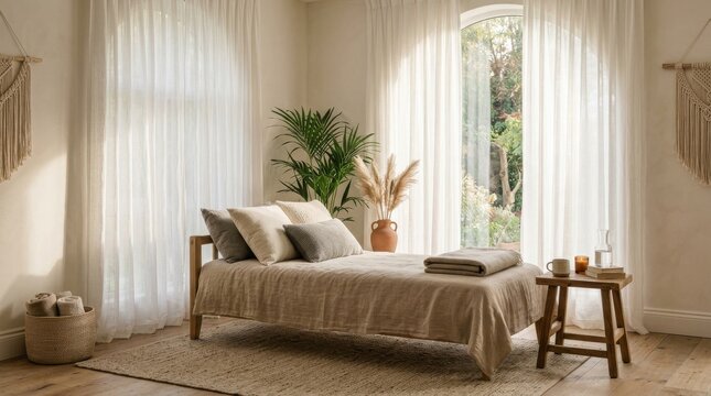 Cozy neutral bedroom interior featuring daybed with linen bedding and arched windows