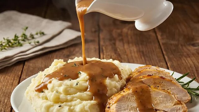 Pouring Rich Brown Gravy Over Roasted Turkey and Creamy Mashed Potatoes