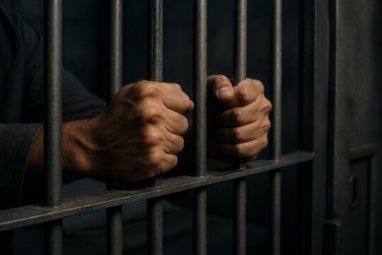 Prisoner hands gripping metal bars inside dim cell