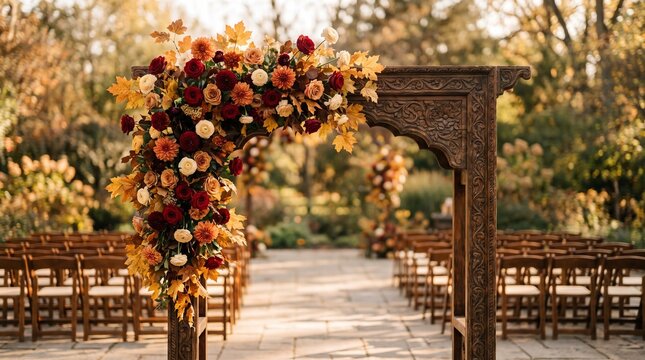 Ornate wooden wedding arch decorated with vibrant autumn flowers and golden maple leaves set in a scenic outdoor park location