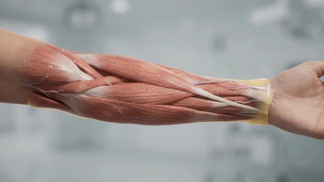 Detailed anatomical illustration of the human forearm muscles, showing complex biological structure and medical science.