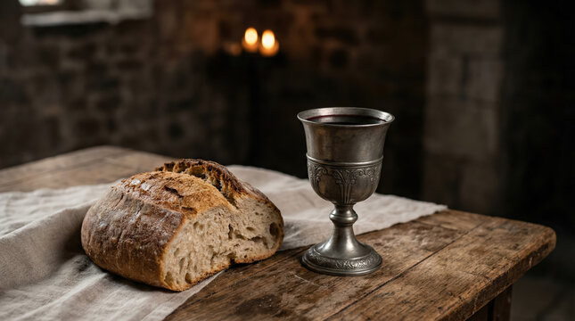 Bread and a silver chalice of red wine on a rustic wooden table with candles in the background, a biblical concept of the Last Supper and Holy Communion