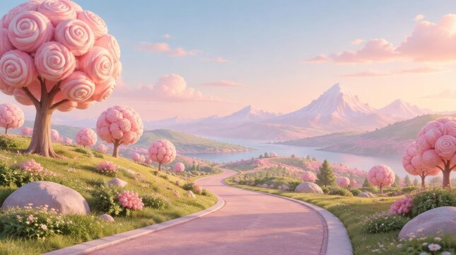 Surreal pink fantasy landscape with whimsical lollipop trees and a winding road