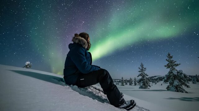 Man in blue parka sitting on snowy hill watching green and purple aurora borealis northern lights across a starry night sky in a winter wilderness landscape.