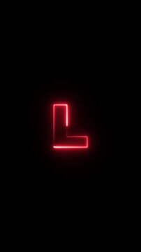 Glowing red neon letter l animation on black background, minimalist alphabet motion for digital signage and branding