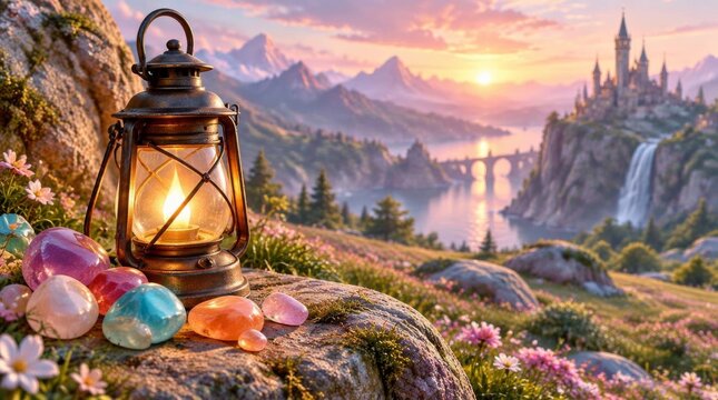 Vintage glowing oil lantern and colorful stones on rocky cliff overlooking fantasy castle landscape at sunset