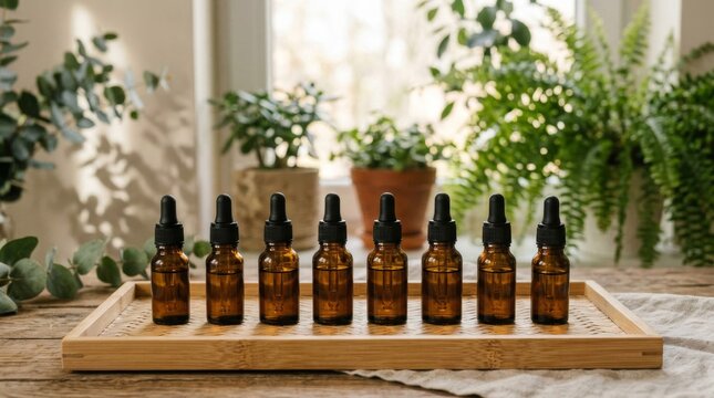 Amber glass dropper bottles arranged in row on wooden tray for natural health