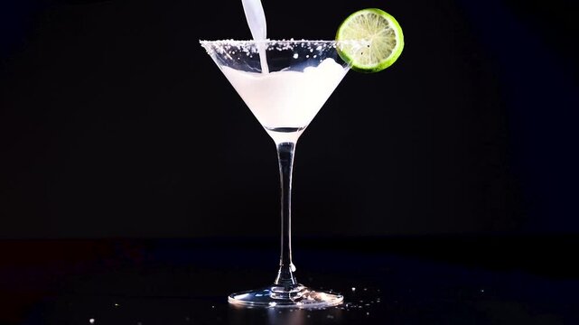 Pouring white cocktail into martini glass with salt rim and lime slice, slow motion.