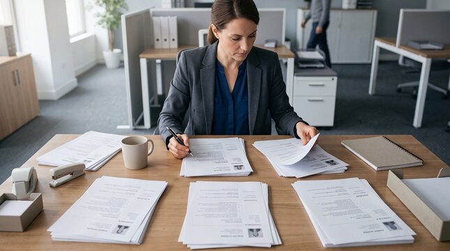 Professional human resources manager reviewing candidate resumes and job applications at her desk in a modern corporate office.