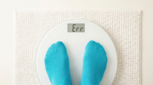 Digital scale error display white round weighing machine on bathroom mat with feet in bright blue socks.