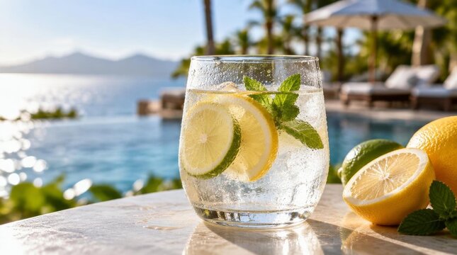 Refreshing citrus drink with lemon slices and mint leaves by poolside