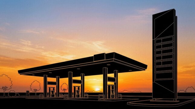 Modern fuel station silhouette against colorful sunset sky in flat style