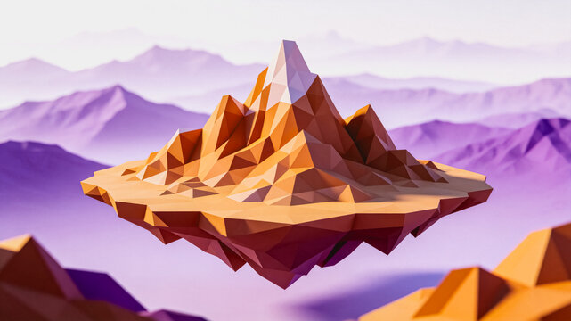 Low Poly Floating Mountain Landscape in Purple Mist