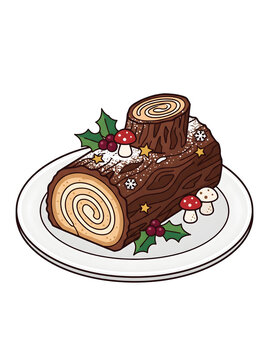 Christmas Yule Log cake vector illustration on white plate with upright log branch, holly berries, mushrooms, and stars isolated on transparent background, holiday dessert clipart