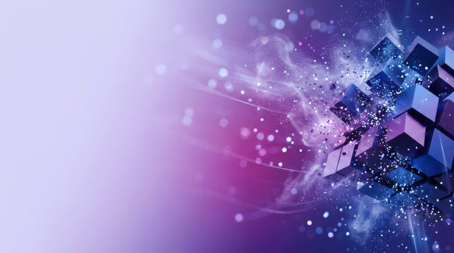 Exploding modular purple and blue digital cube on abstract light background representing big data break apart.