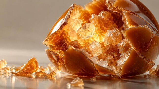 Cracked amber sphere revealing glowing crystals inside