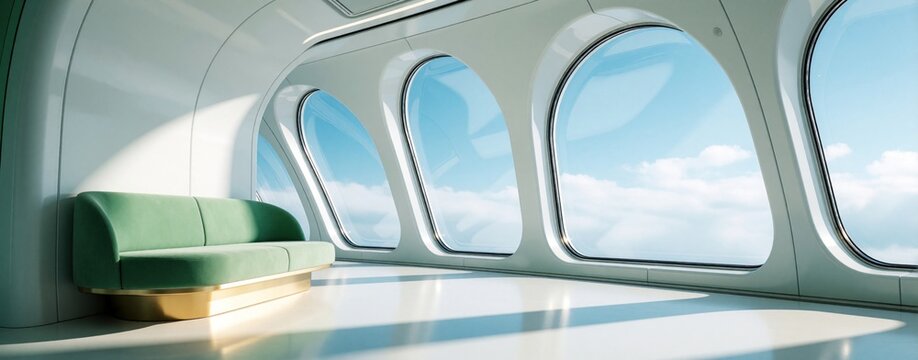 Futuristic interior with green sofa near large arched windows overlooking sky and clouds. Minimalist design offers comfort and a sense of spaciousness. Reflects modern living and travel concepts.