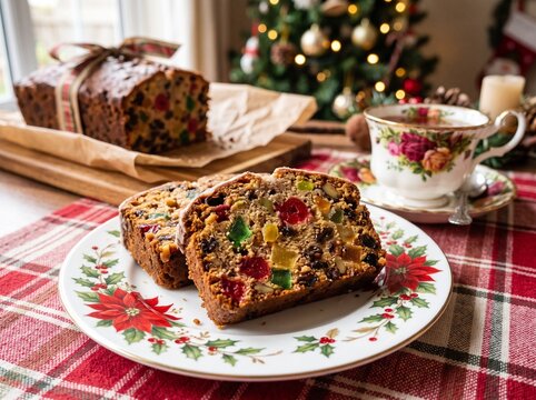 Festive Christmas Fruitcake Slices on a Decorative Plate with Tea, a Traditional Holiday Dessert for Celebrations