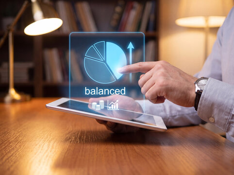 advisor holds glowing investment portfolio hologram with pie chart and arrow icon above tablet to confirm asset allocation balanced, verify fund performance, manage wealth management strategy