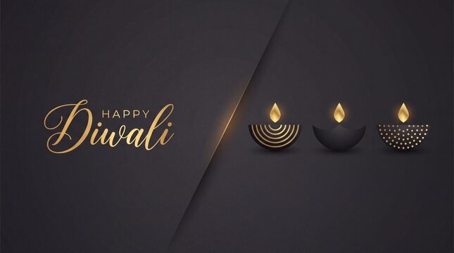 Diwali celebrate banner with golden handwritten inscription Happy Diwali. India festival of lights holiday invitation with hand drawn lettering and diya lamps. Vector ... See More