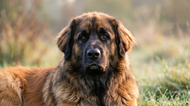 leonberger dog close up at morning light in leonberg germany video