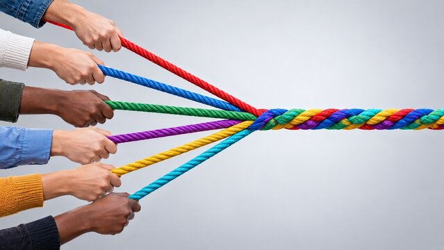Diverse hands of team members pulling colorful ropes together to weave a single strong braid symbolizing unity and cooperation