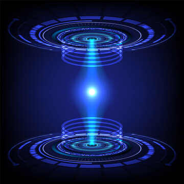 Futuristic sci-fi teleportation portal with glowing energy beam connecting two circular tech rings on a dark blue background.