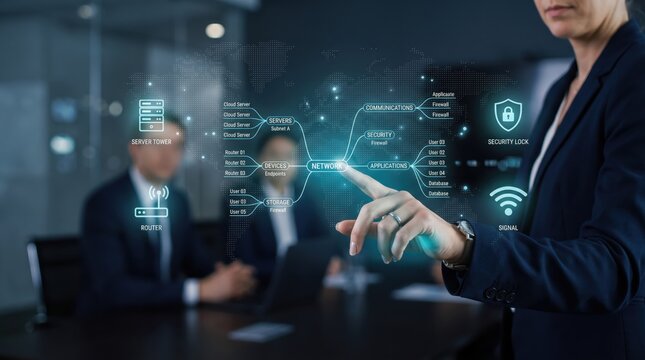 Professional interacting with virtual network security infrastructure diagram featuring cloud servers and firewall icons, cybersecurity and data protection technology concept