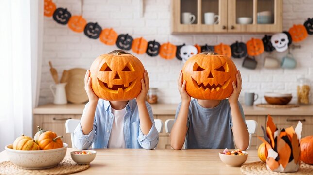 Two kids in Halloween costumes hiding their faces behind carved pumpkins with spooky decorations