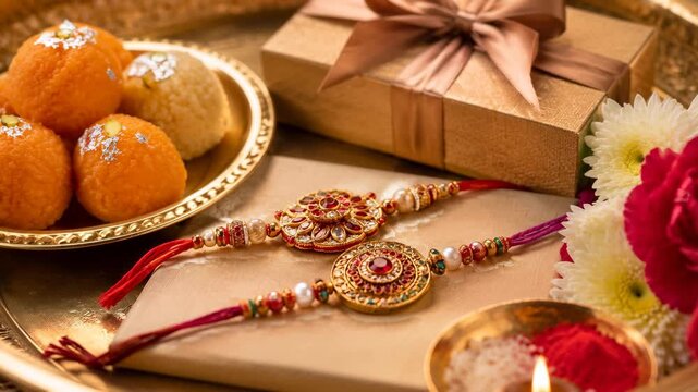 Raksha Bandhan rakhis with sweets, gift and diya