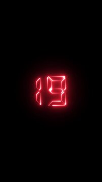 Glowing red digital number 19 countdown timer on black background, neon led style seven-segment display for motion and transitions