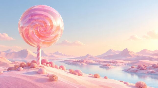 Giant round lollipop standing in surreal pink landscape with river and mountains