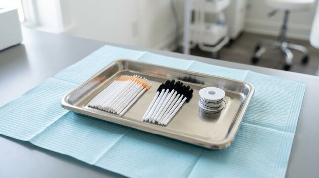 Professional beauty salon equipment on metal tray for lash procedure