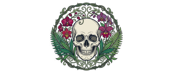 Fototapeta premium Ornate Skull with Floral Wreath