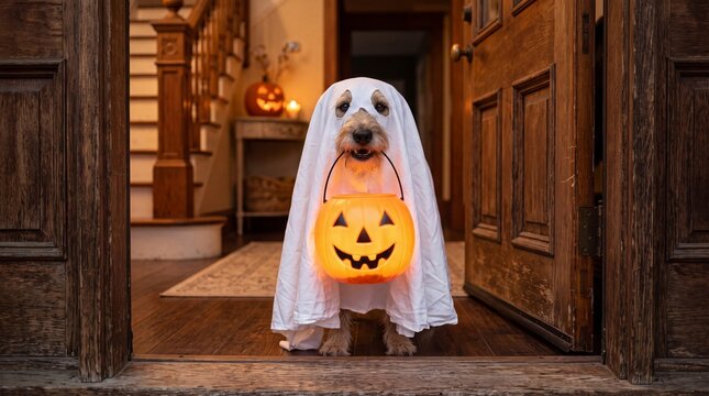 Delightful canine in an adorable ghost costume stands eagerly at an open front door, holding a festive pumpkin bucket, ready to celebrate the playful spirit of Halloween night