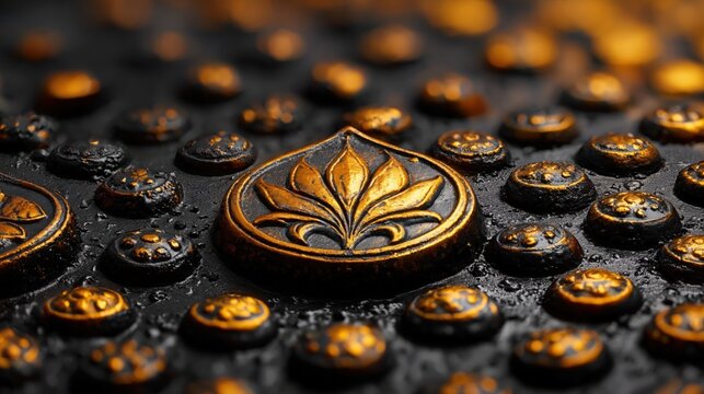 Ornate Golden Lotus Emblem on Dark Metallic Textured Surface