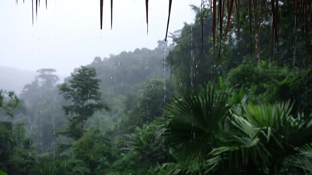 Raining over the grass hut roof in the forest