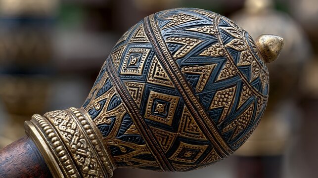 Close-up of an intricate gold and black ornate decorative mace pommel