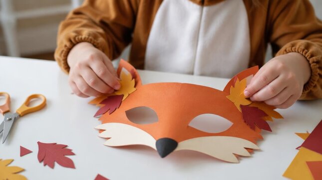 Child making a paper mask representing a wild animal during an art project