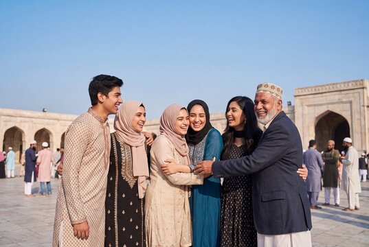 Friends Embracing With Warm Hugs After Eid Prayer Gathering