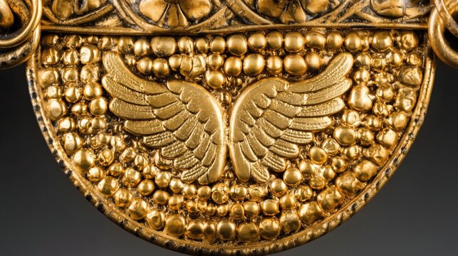 Close-up of Ancient Gold Jewelry Featuring Winged Motif and Granulation