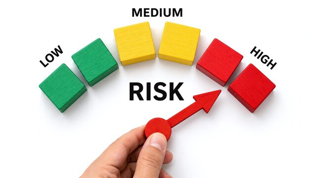 A close up of a hand adjusting a risk meter gauge showing high level with colorful blocks representing low medium and high levels
