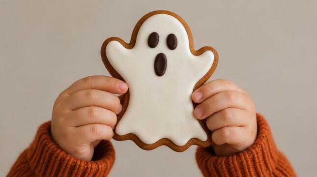 Cute ghost cookie held by hands in autumn sweater for halloween celebration