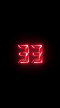 Glowing red digital number 33 countdown timer on black background, neon led seven-segment display for motion and broadcast