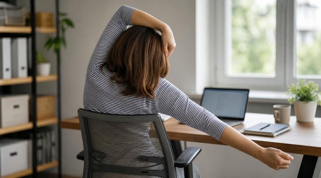 Woman sitting at desk stretching arms while working in bright home office